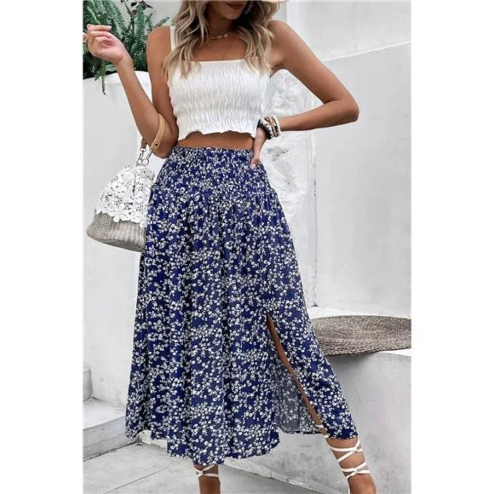 Perfee Ditsy Floral Slit High Waist Skirt